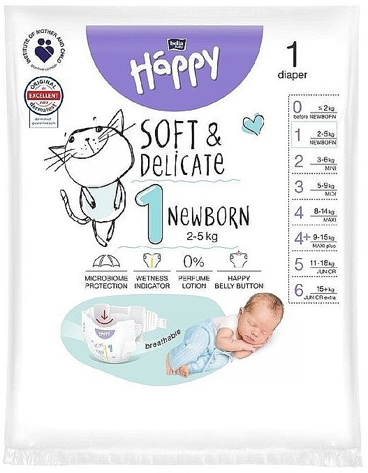 Baby Diapers 2-5 kg, size 1 Newborn, 1pcs - Bella Baby Happy Soft & Delicate — photo N1