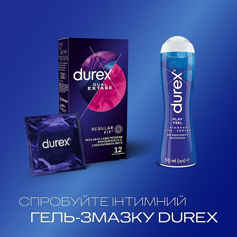 Ribbed Latex Condoms with Silicone Lubricant, with anesthetic, 12 pcs - Durex Dual Extase — photo N5