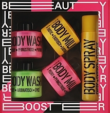 Set "Pink Peony, Ecotic Yellow & Spicy Lime" - Mades Cosmetics Beauty Booster (sh/gel/2x100ml + b/ilk/2x100ml + b/spray/100ml) — photo N1