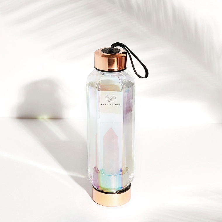 Glass Holographic Water Bottle with Rose Quartz, 650 ml - Crystallove Hexagon Hologram Pink Quartz Bottle — photo N4