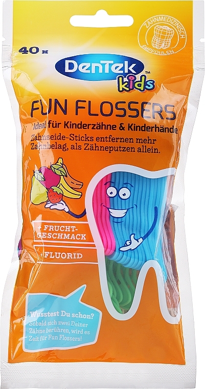 Baby Toothpicks with Dental Floss, green+blue+pink - DenTek Kids Fruit Fun Flossers — photo N1