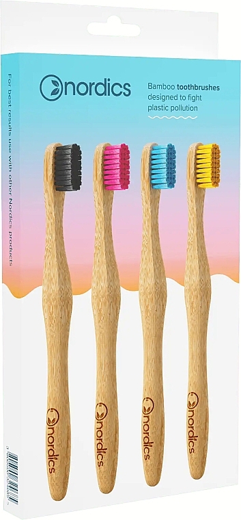 Bamboo Toothbrushes, 4 pcs, with black, pink, blue and yellow bristles - Nordics Aadult Bamboo Toothbrushes — photo N1