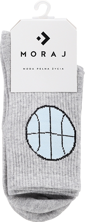 Women High Socks with Wide Cuffs and Funny Pattern, 1 pair, grey with ball - Moraj — photo N1