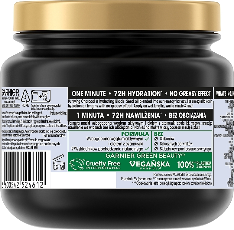 Charcoal & Black Thyme Oil Hair Mask - Garnier Botanic Therapy Hair Remedy 72H Hydration Mask — photo N2