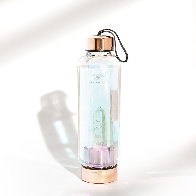 Glass Holographic Water Bottle with Rock Crystal, 650 ml - Crystallove Hexagon Hologram Rock Crystal Bottle — photo N5