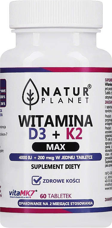 Vitamin D3+K2, Tablets - NaturPlanet Vitamin D3 + K2 Max 4000IU + 200 mcg — photo N1