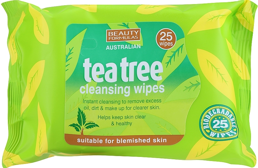 Face Cleansing Wipes, 25 pcs - Beauty Formulas Tea Tree Cleansing Wipes — photo N1