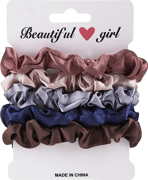 Satin Hair Tie Set, 5 pcs, dark pink+light pink+blue+blue+brown - Yeye — photo N1