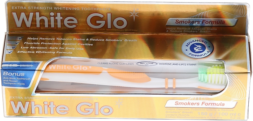 Set "For Smokers", orange toothbrush - White Glo Smokers Formula Whitening Toothpaste (toothpaste/100ml + toothbrush) — photo N1