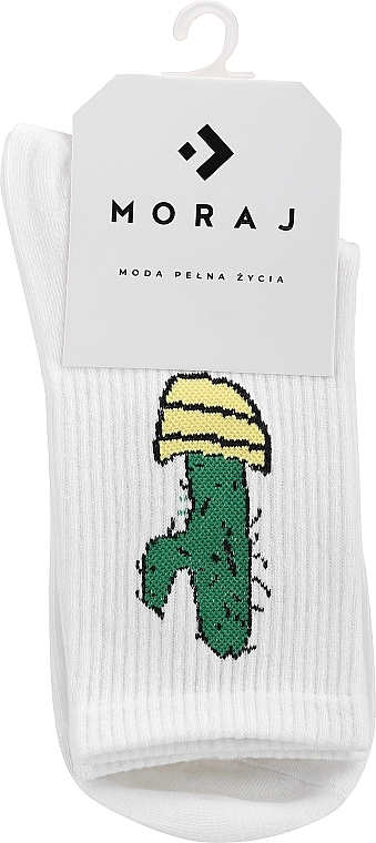 Long Women Socks with Wide Cuffs & Fun Pattern, 1 pair, white with cactus - Moraj — photo N1