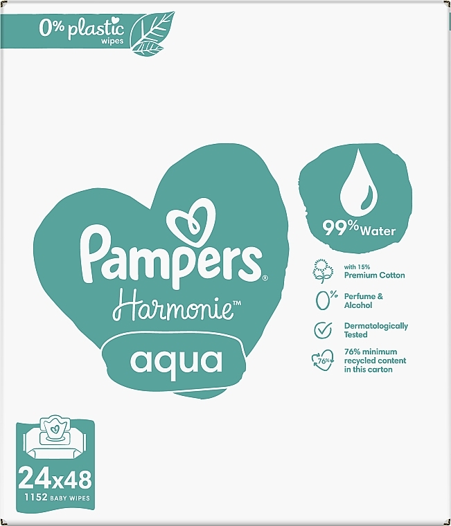 Baby Wet Wipes, 24x48 pcs - Pampers Harmonie Aqua Baby Wipes — photo N2