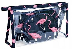 Fragrances, Perfumes, Cosmetics 3in1 Cosmetic Bag 'Flamingo', dark blue - Ecarla