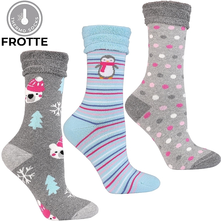 Women Winter Terry Socks, CSL450-038, grey with bear - Moray Frotte — photo N3