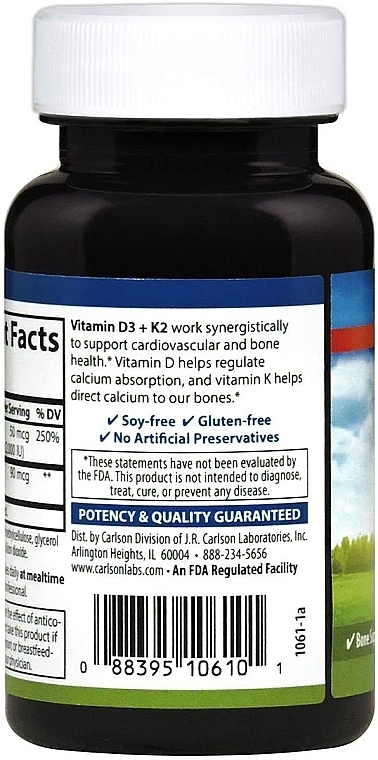 Dietary Supplement "Vitamin D3 & K2" - Carlson Labs Vitamin D3 + K2 — photo N6