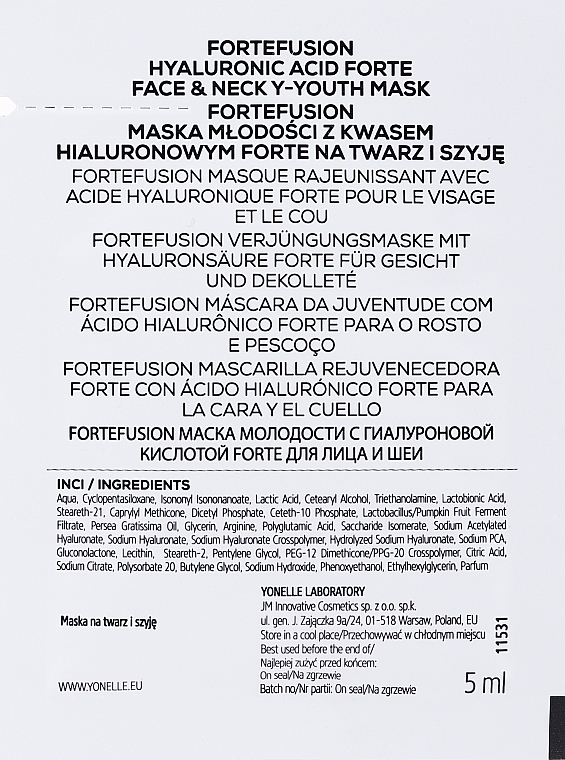 GIFT! Firming & Brightening Face & Neck Mask - Yonelle Fortefusion Hyaluronic Acid Forte Face & Neck Y-Youth Mask (sample) — photo N2