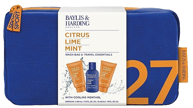 Set - Baylis & Harding Citrus Lime & Mint Men's Wash Bag & Travel Essentials Gift Set (shm/100ml + f/wash/50ml + ash/balm/50ml + bag/1pc) — photo N1