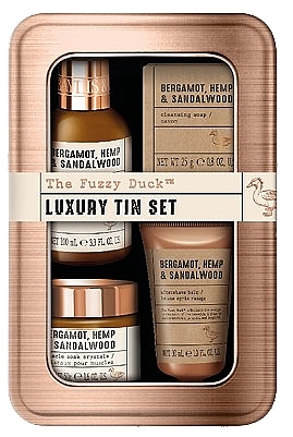 Set - Baylis & Harding The Fuzzy Duck Bergamot Hemp & Sandalwood Men's Luxury Grooming Tin Gift Set (hair/body/wash/100ml+crystals/50g + ash/balm/30ml+ soap/25g) — photo N1