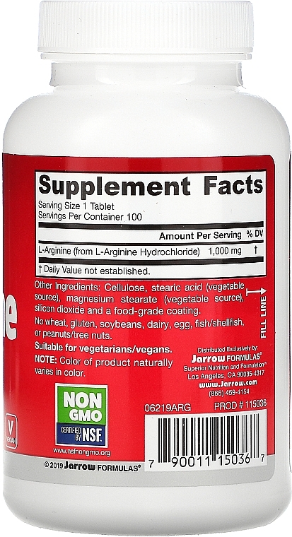 Dietary Supplement "Arginine" - Jarrow Formulas Arginine 1000mg — photo N2