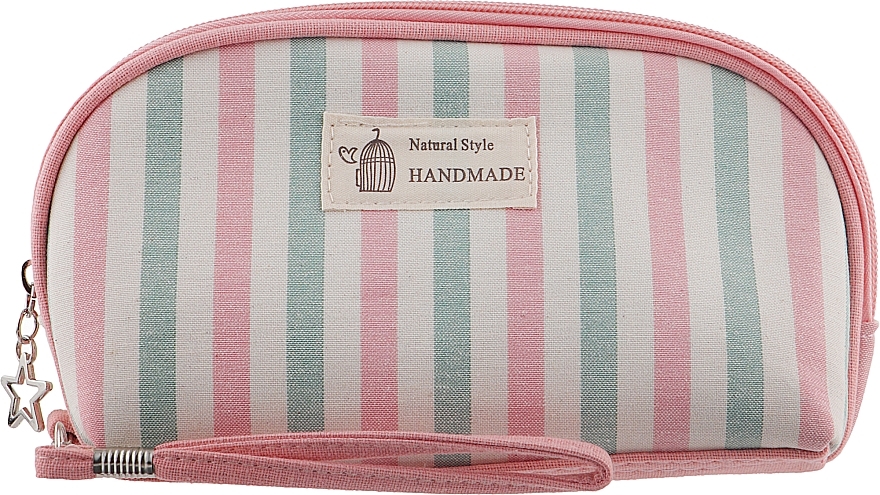 Oval Makeup Bag "Striped", pink-green - Natural Style Handmade — photo N1