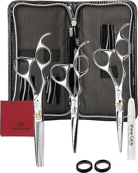 Scissors Set in a Black Case - Olivia Garden SilkCut Left Handed Scissors 500 + 575 + 635 Black Pouch — photo N1