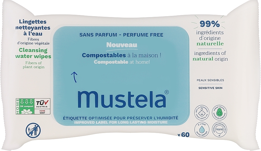 キッズ用 無香料クレンジングワイプ - Mustela Compostable Unscented Cleansing Wipes — photo N1