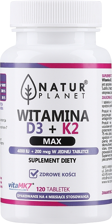 Vitamin D3+K2, Tablets - NaturPlanet Vitamin D3 + K2 Max 4000IU + 200 mcg — photo N3