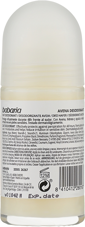 Oat Extract Deodorant - Babaria Avena Roll-On Deodorant For Sensitive Skin — photo N2