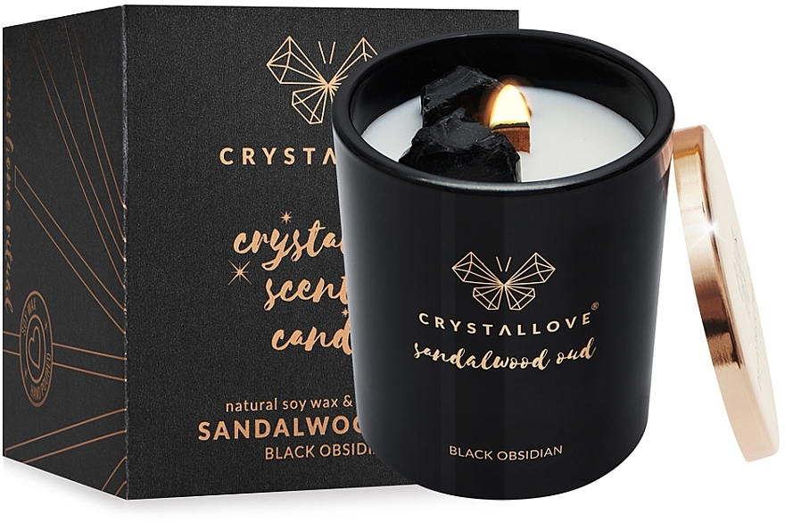 Black Obsidian, Sandalwood & Oud Soy Candle - Crystallove Black Obsidian Soy Candle Sandalwood Oud — photo N1