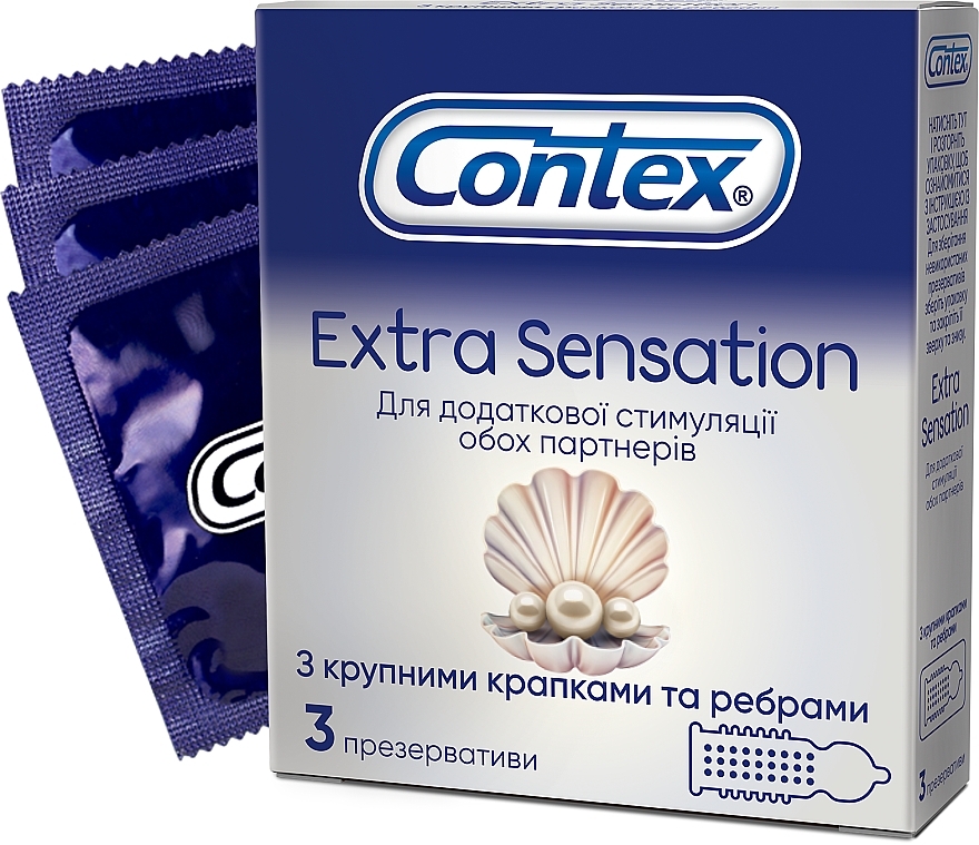 Ribbed Latex Condoms with Silicone Lubricant, 3 pcs - Contex Extra Sensation — photo N1