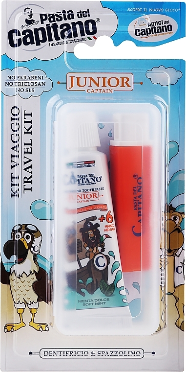 Set with Orange Toothbrush - Pasta Del Capitano Junior Travel Kit 6+ Soft (toothpast/25ml + toothbrush/1pc) — photo N1