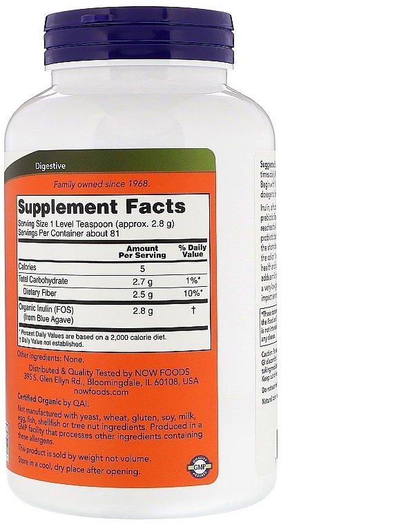 Organic Inulin, powder - Now Foods Certified Organic Inulin Pure Powder — photo N2