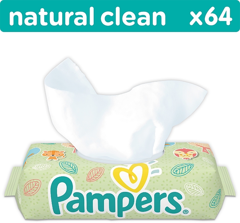 Baby Wet Wipes 'Natural Clean', with flap, 64 pcs - Pampers — photo N1