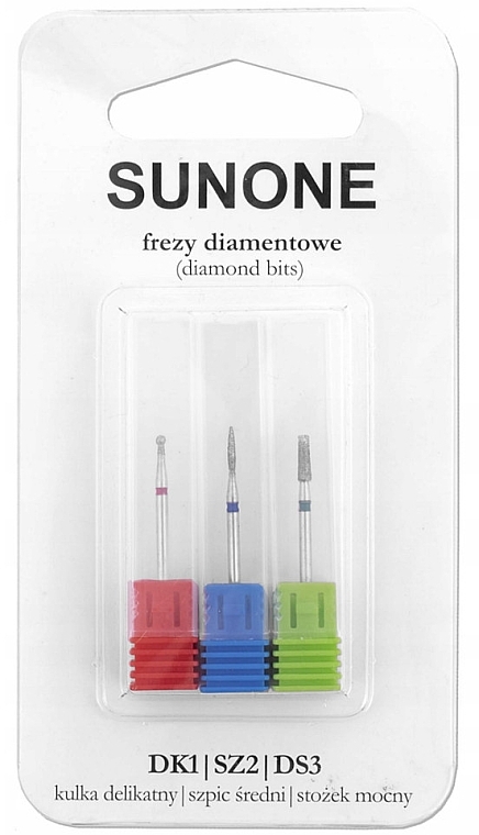 Diamond Nail Drill Head Set, DK1/DSZ2/DS3, 3 pcs - Sunone Diamond Nail Drill Set — photo N1