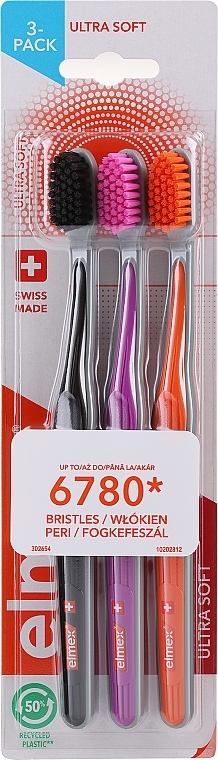 Toothbrushes, ultra-soft, black + purple + orange - Elmex Swiss Made — photo N1