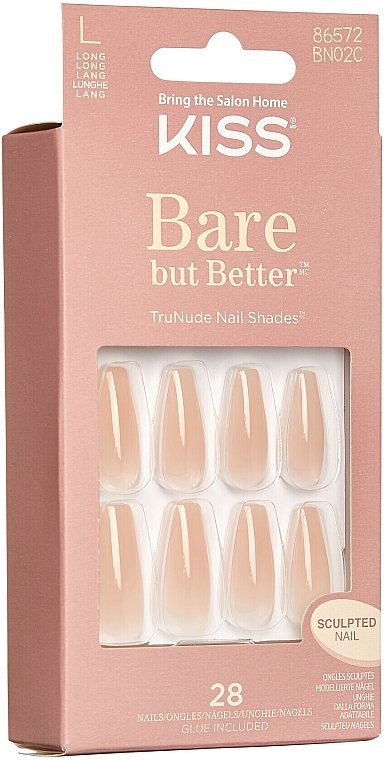 False Nail Set with Glue, L - Kiss Bare But Better Nails Nude Drama — photo N2