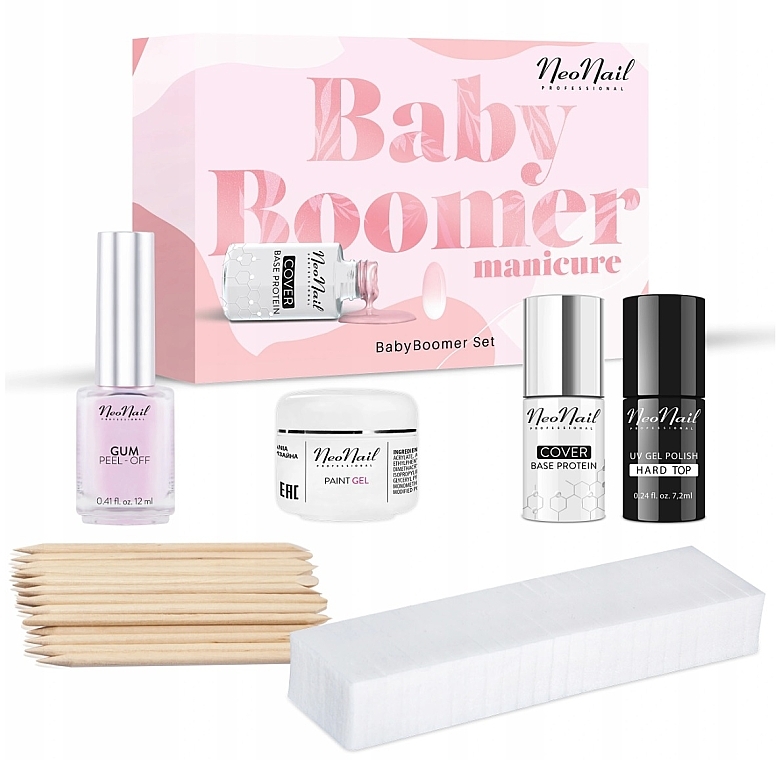 Set - NeoNail Professional Baby Boomer Set (top/7,2ml + base/7,2ml + gel/5ml + gum/12ml + sponge/25pc + sticks/10pc) — photo N2