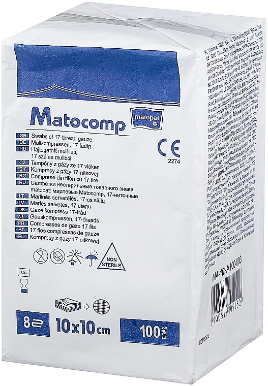 17-Thread Gauze Tissues, non-sterile, 10x10 cm, 100 pcs. - Matopat Matocomp — photo N1