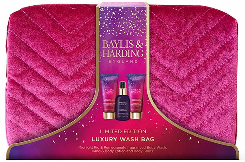 Set - Baylis & Harding Midnight Fig & Pomegranate Deluxe Wash Bag Gift Set (sh/gel/100 ml + h/cr/100 ml + b/mist/100 ml + bag) — photo N1