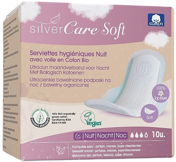 Ultra-Thin Cotton Night Pads with Soft Wings, 10 pcs. - Masmy Silver Care Soft — photo N1