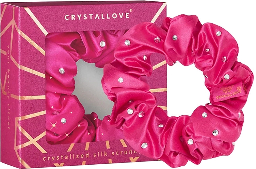 Silk Scrunchie with Crystals, pink - Crystallove Silk Hair Elastic With Crystals Hot Pink — photo N1