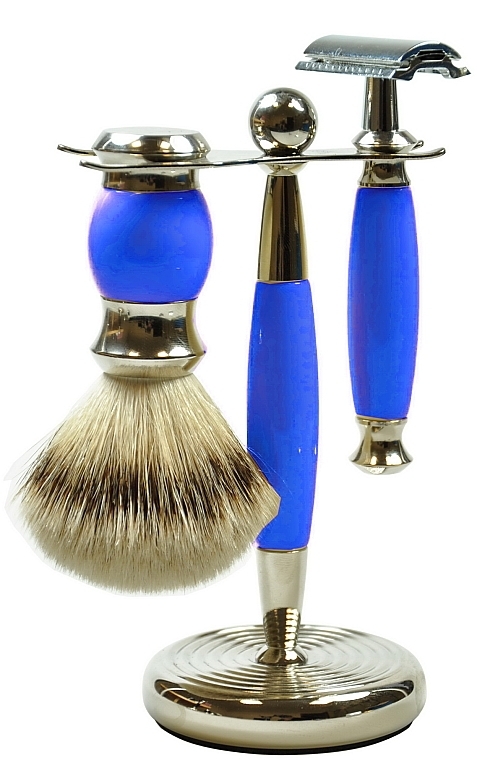 Shaving Set - Golddachs Synthetic Hair, Safety Razor Polymer Blue Chrom (sh/brush + razor + stand) — photo N4