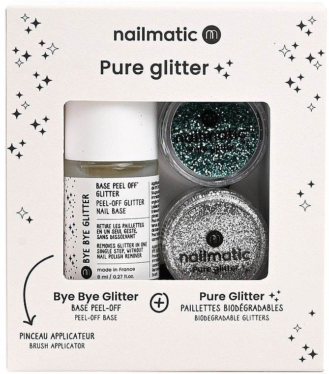 Set - Nailmatic Pure Glitter Turquoise/Silver Glitter (base/8ml + glitter/2pcs + brush) — photo N1