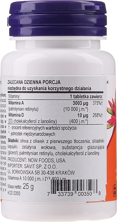 Dietary Supplement "Vitamin A & D" - Now Foods A&D Eye & Bone Health — photo N2