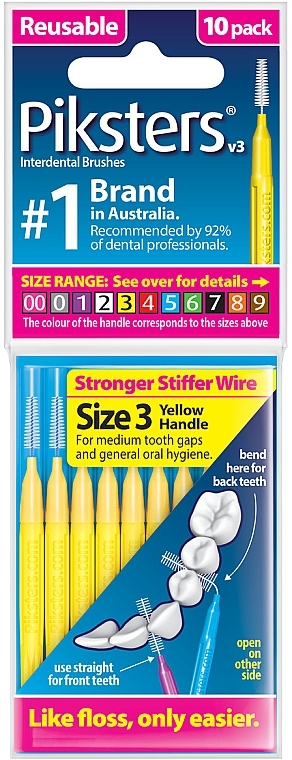 Interdental Brush, Size 3, Yellow, Pack of 10 - Piksters Interdental Brushes Yellow Size 3 — photo N1