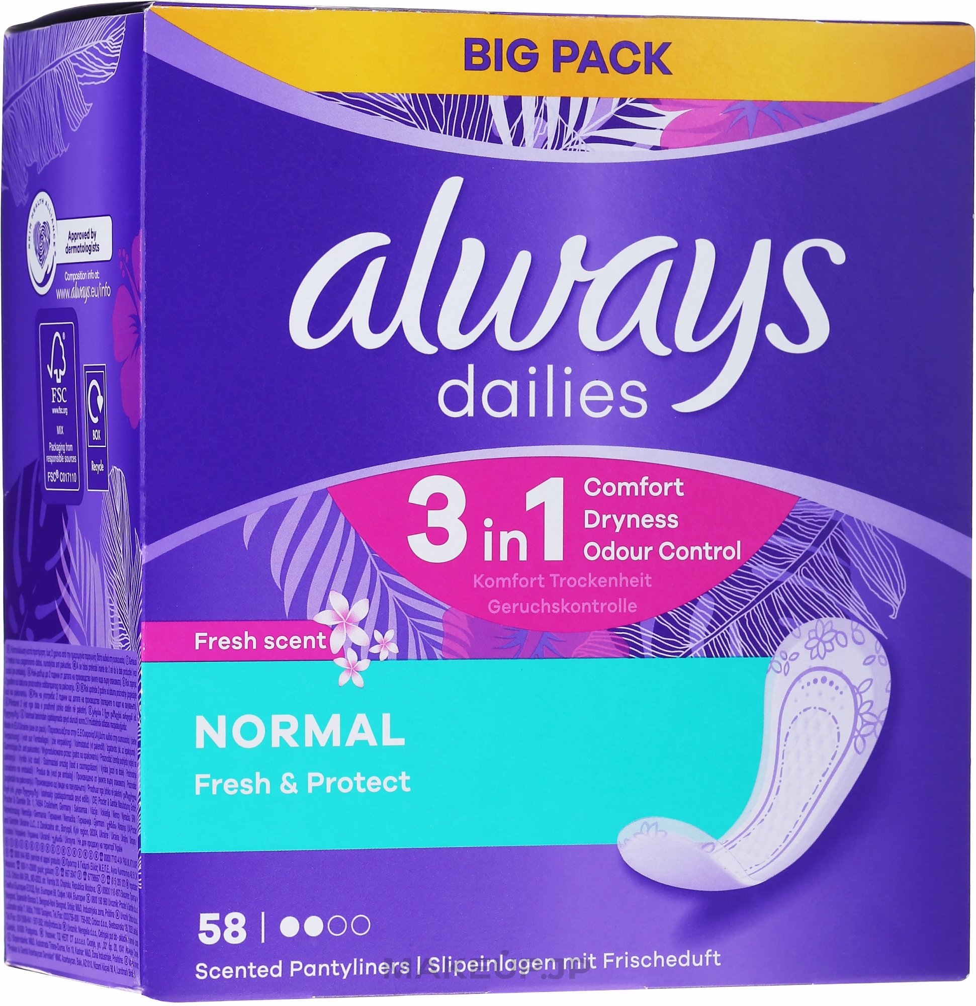 Sanitary Pads, 58pcs - Always Dailies Fresh & Protect Normal Deo — photo 58 szt.