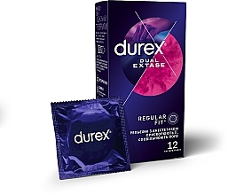 Ribbed Latex Condoms with Silicone Lubricant, with anesthetic, 12 pcs - Durex Dual Extase — photo N1