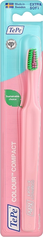 Toothbrush, super soft, pink with green bristles - TePe Colour Compact X-Soft Gul — photo N1