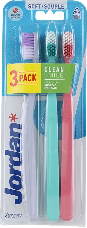 Toothbrush, soft, grey, mint, pink - Jordan Clean Smile Soft — photo N1