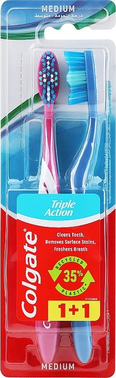 Medium-Hard Toothbrush Set 'Triple Action', 2 pcs, blue, crimson - Colgate Triple Action Medium — photo N1