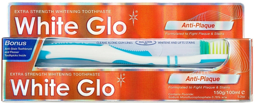 Set "Plaque" with White-Blue Brush - White Glo Anti-Plaque (t/paste/100ml + t/brush/1 + dental/flosser/1) — photo N1